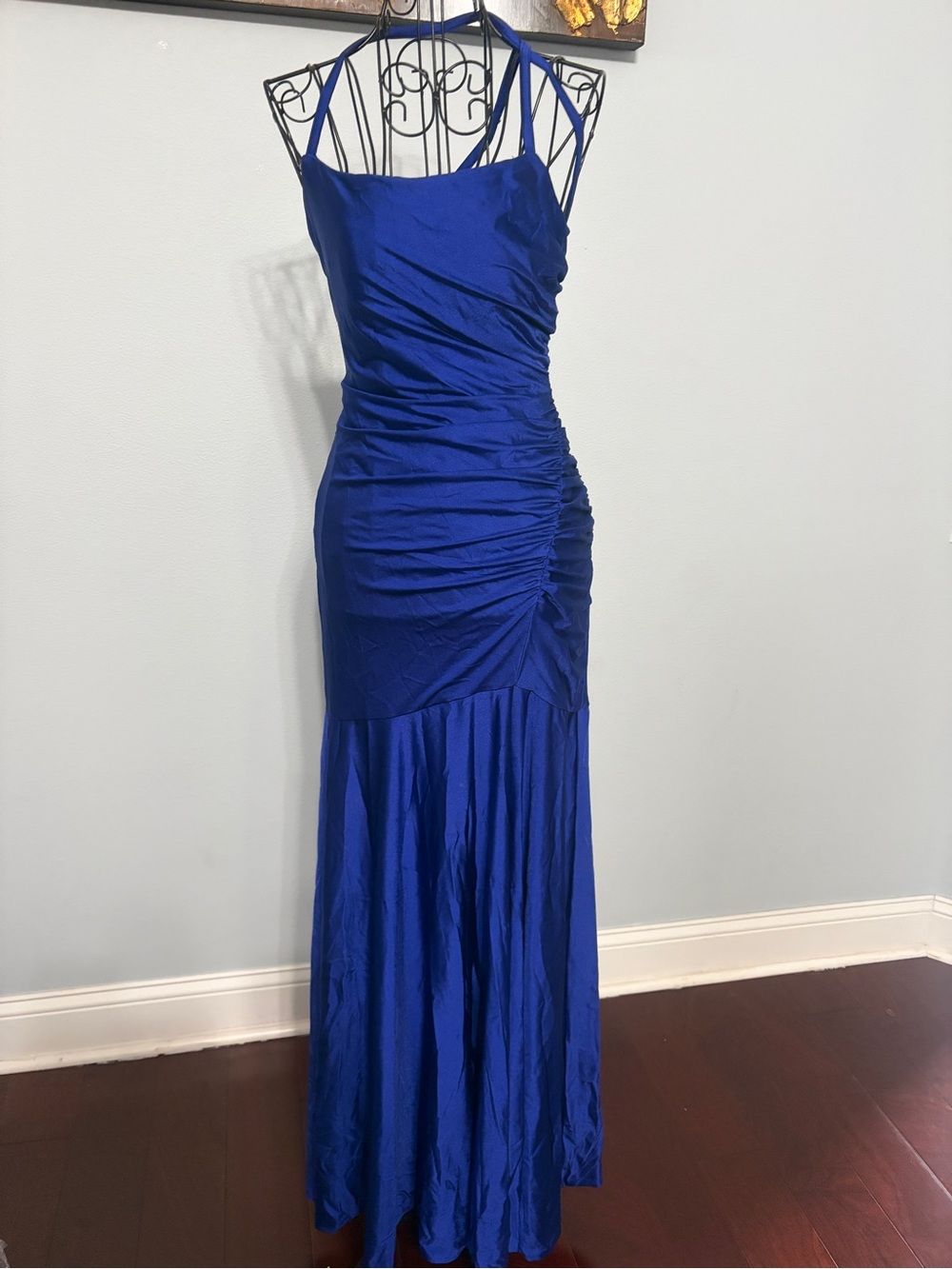 Elegant Royal Blue Ruched Halter Evening Gown size 1